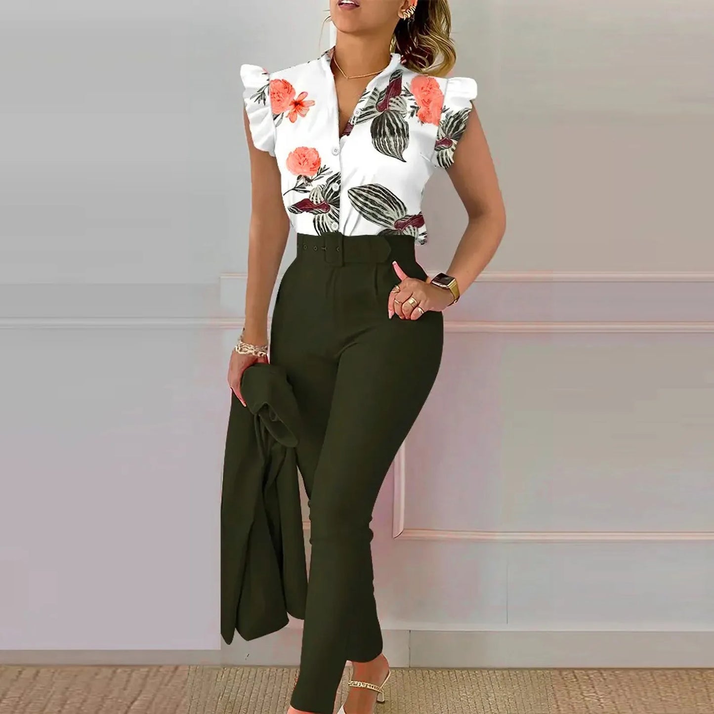 Elegant Short Sleeve 2 Piece Sets Women Outfit Fashion Office Lady V Neck Shirt Pants Set Floral Print Trousers Two Piece Set