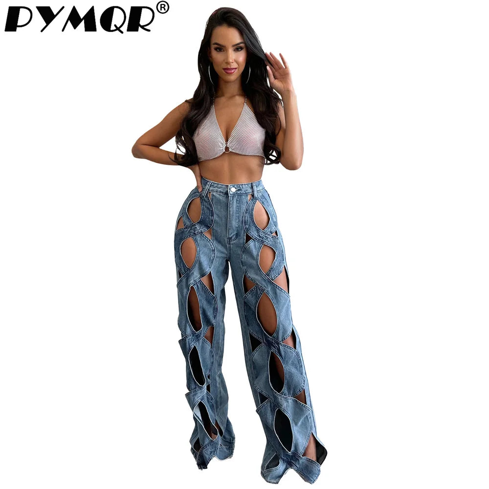 PYMQR New Elastic  Hollow Out Slightly Flared Buttocks Sexy Baggy Jeans High Wiast 2023 Antumn Y2K Streetwear Pants Female Cloth