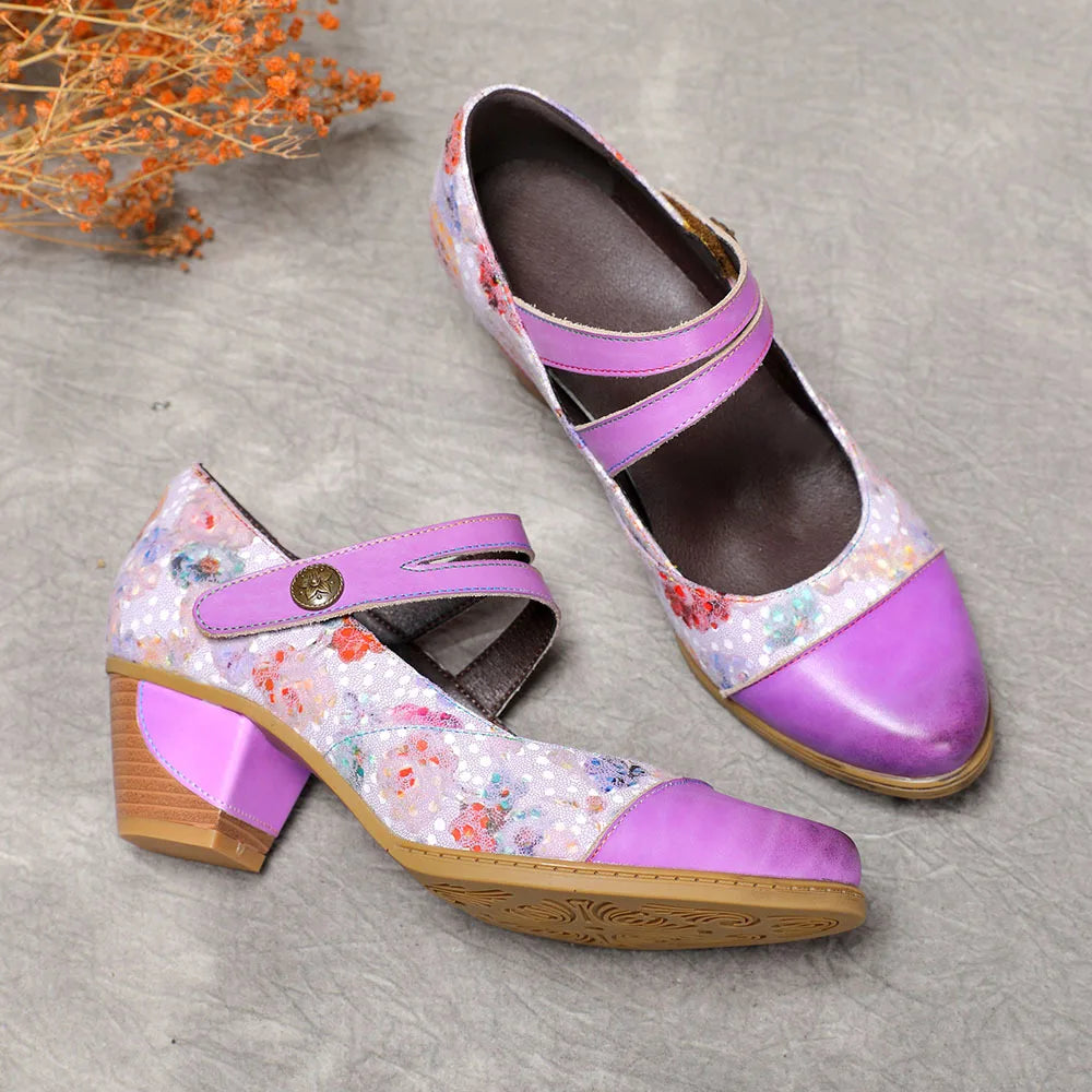 Johnature Genuine Leather Patchwork Printed High Heels 2024 Autum New Vintage Round Toe Pumps Versatile Women's Shoes