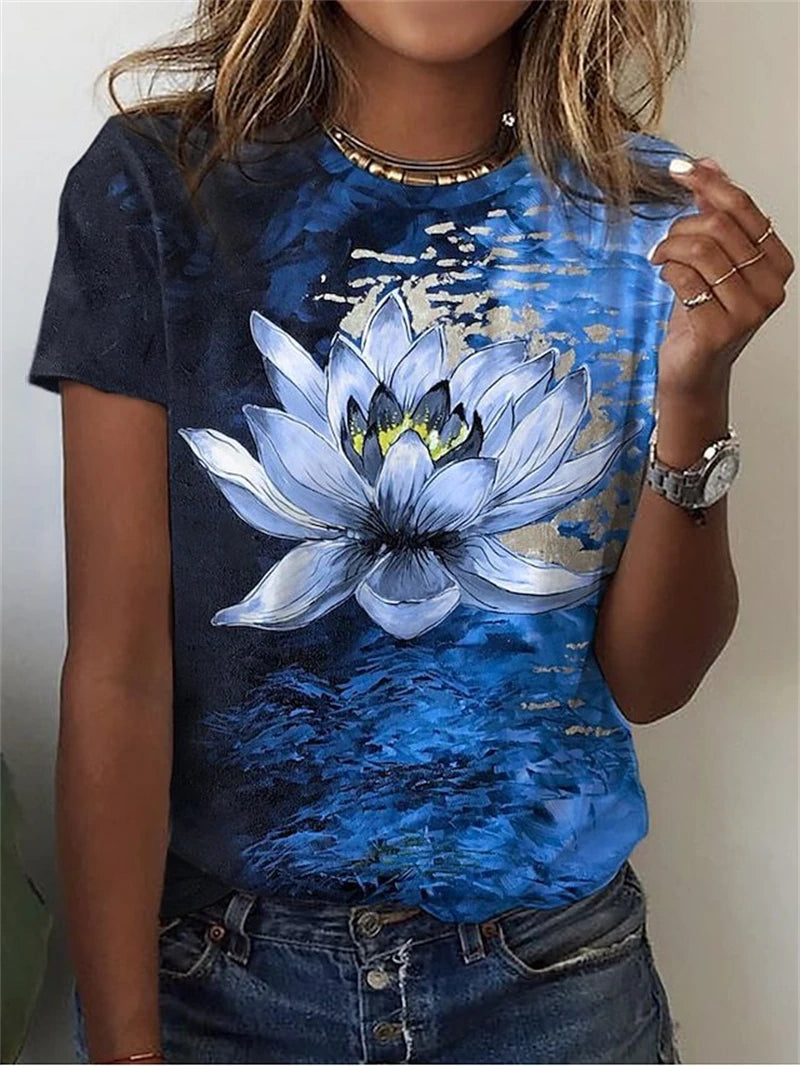 Women's T-Shirts Summer Fashion 3d Flowers Print Short Sleeve Top Female Clothing Oversized Tees Harajuku Graphic T Shirts