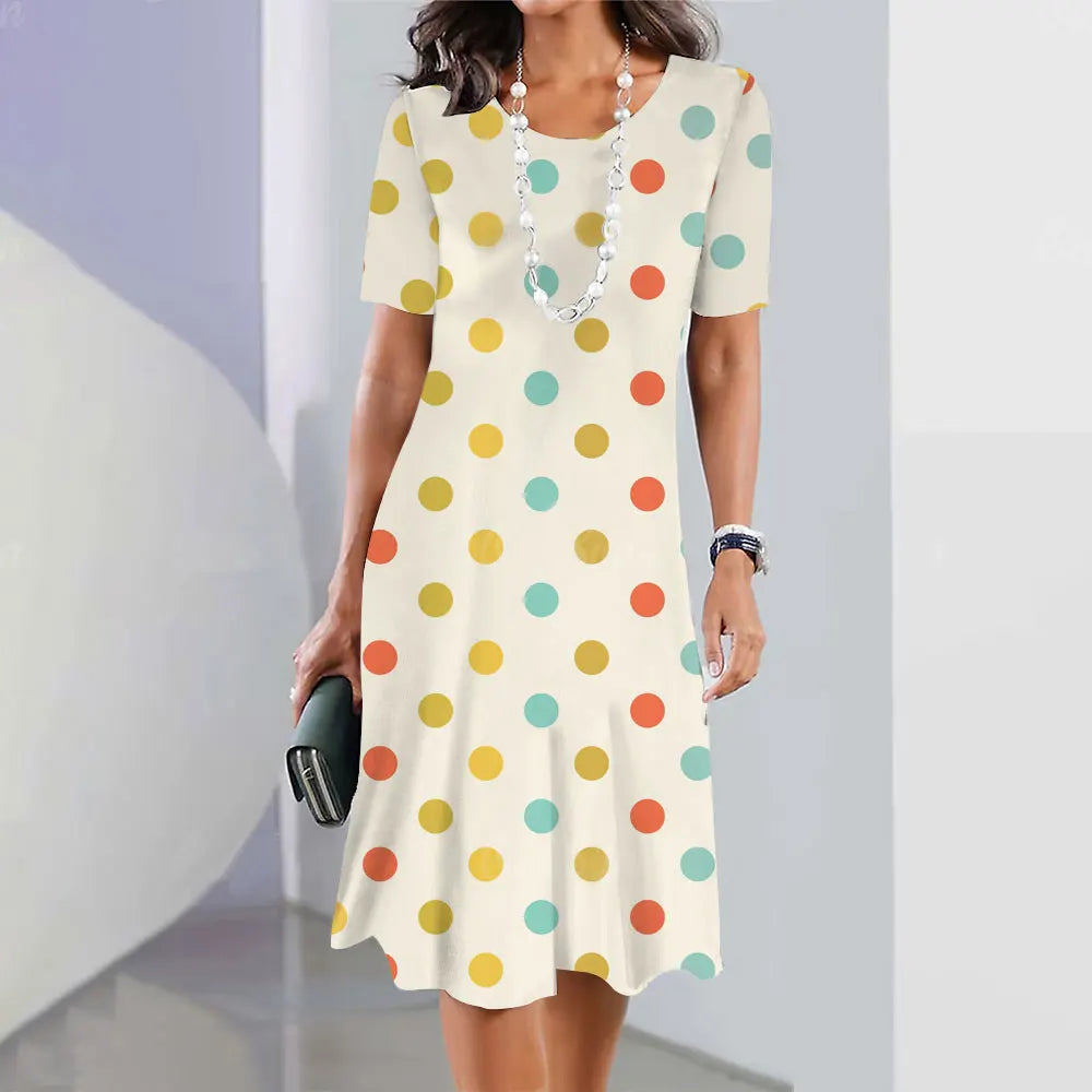 Polka Dot Print Women'S Dress 2024 Elegant Women'S Summer Fashion Stitch O Neck Loose Holiday Women'S Sexy Knee-Length Dress