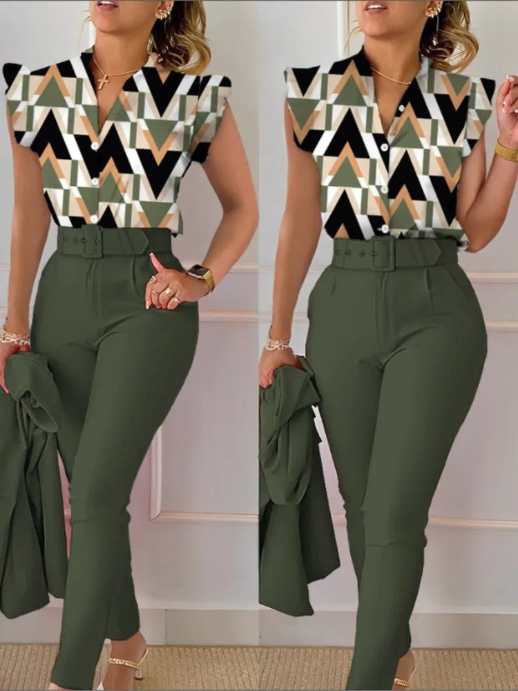 Women Slim Two-Piece Sets Summer Elegant Fashion Print V Neck Button Flying Sleeve Shirt Top & Solid Long Pants Suits With Belt