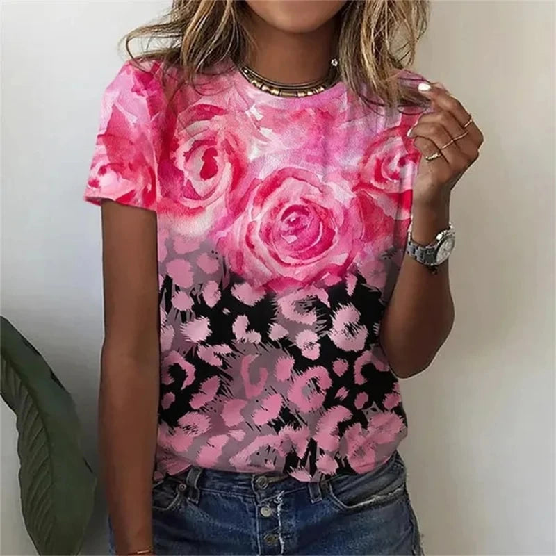 Women's T-Shirts Summer Fashion 3d Flowers Print Short Sleeve Top Female Clothing Oversized Tees Harajuku Graphic T Shirts