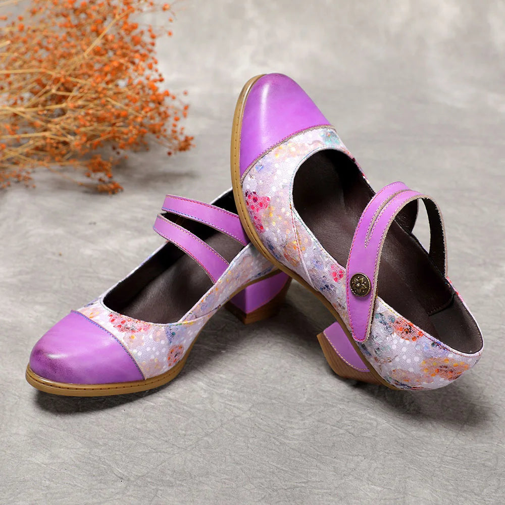 Johnature Genuine Leather Patchwork Printed High Heels 2024 Autum New Vintage Round Toe Pumps Versatile Women's Shoes