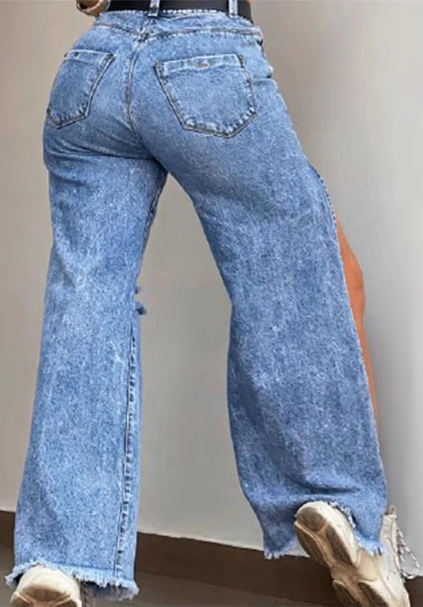 2024 Summer New Jeans Women's European and American Spicy Girl Jeans Loose Hole Sexy Split Wide Leg Pants Shopee Women's Pants