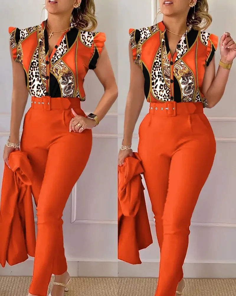 Women Slim Two-Piece Sets Summer Elegant Fashion Print V Neck Button Flying Sleeve Shirt Top & Solid Long Pants Suits With Belt