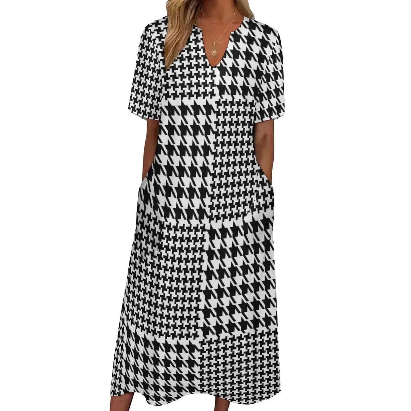 Retro Houndstooth Dress Spring Black White Check Streetwear Boho Beach Long Dresses Ladies Cute Maxi Dress Gift