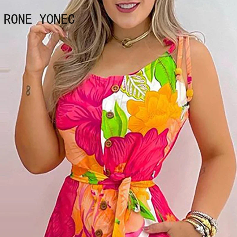 Women Casual Spaghetti Tape Strap Sleeveless Floral Pattern Pocket Sashes Bodycon Rompers