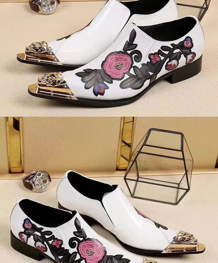 Spring Autumn Pointed end Gold ornaments Shoes and Hats Stamp Cowhide Shoes Rivet Marry Walk Show Nightclub Men's Shoes