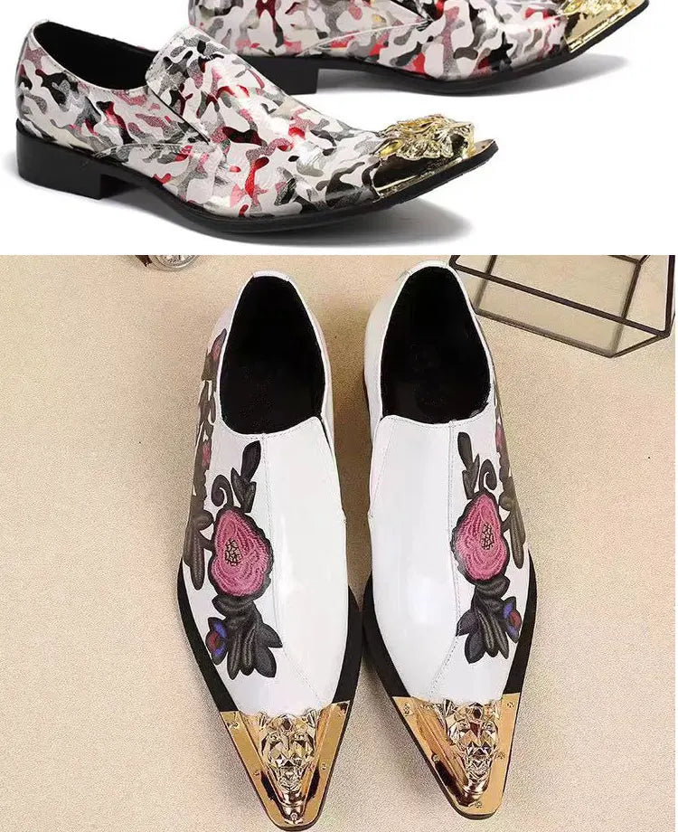 Spring Autumn Pointed end Gold ornaments Shoes and Hats Stamp Cowhide Shoes Rivet Marry Walk Show Nightclub Men's Shoes