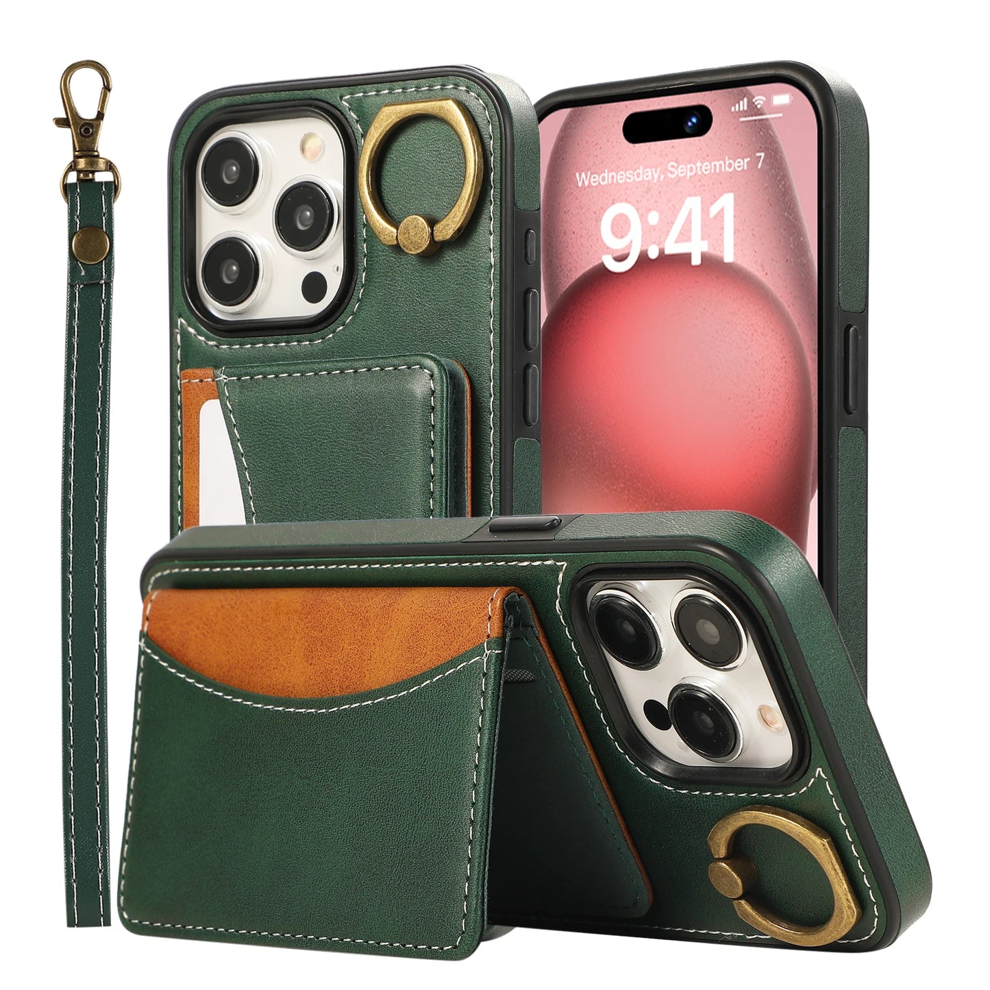 Cards Bag Ring Holder Leather Wallet Case For iPhone 15 Pro Max 14 Plus 13 12 11 XS XR 7 8 SE 2022 Stand Strap Solt Purse Cover