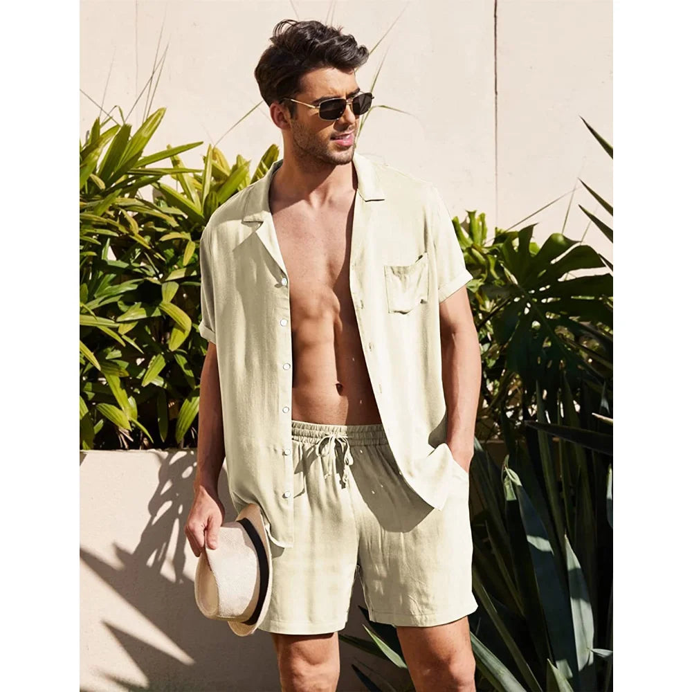 2024 Summer Casual Short-sleeved Linen Shirts Mens Shorts Loose Sweatpants Men Clothes Sweatshirts 2 Pieces Suits Tracksuit 3XL