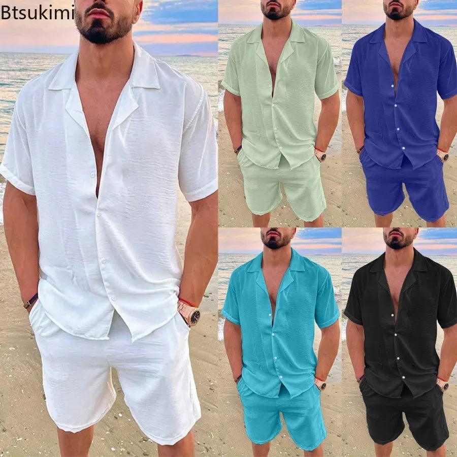 New 2024 Men's Summer Cotton Linen Sets Solid Short Sleeve Lapel Shirts and Shorts Sets Man Hawaiian Beach Holiday Clothing Sets