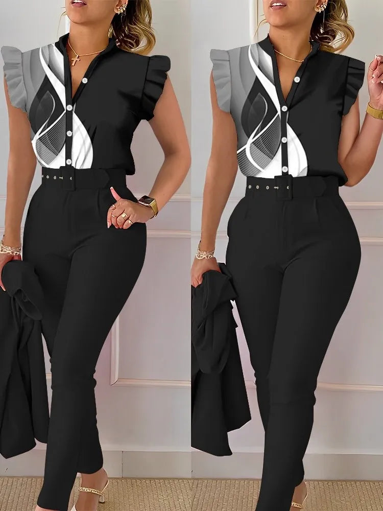 Women Slim Two-Piece Sets Summer Elegant Fashion Print V Neck Button Flying Sleeve Shirt Top & Solid Long Pants Suits With Belt