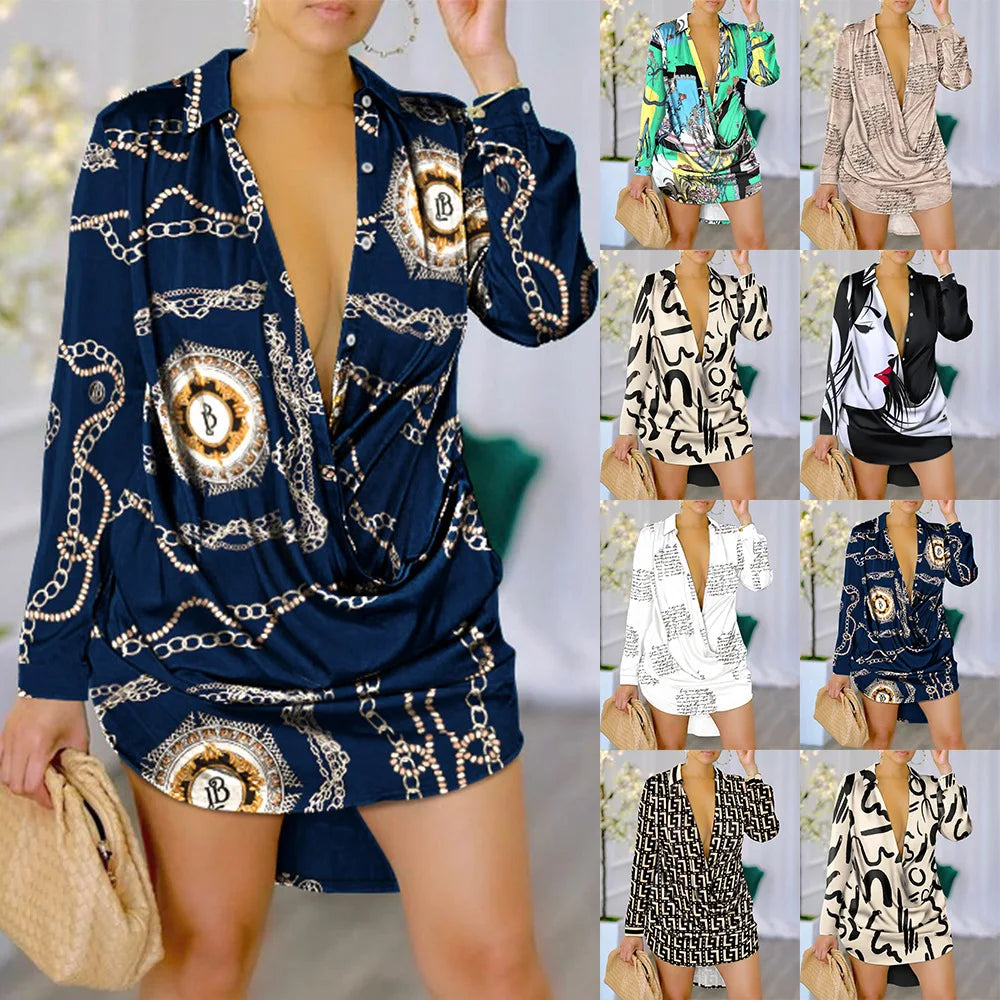 Spring Autumn Fashion Letter Print Long Sleeve Shirt Dress Robe Womens Turn-down Collar Buttons Front Casual Dresses Female 2024