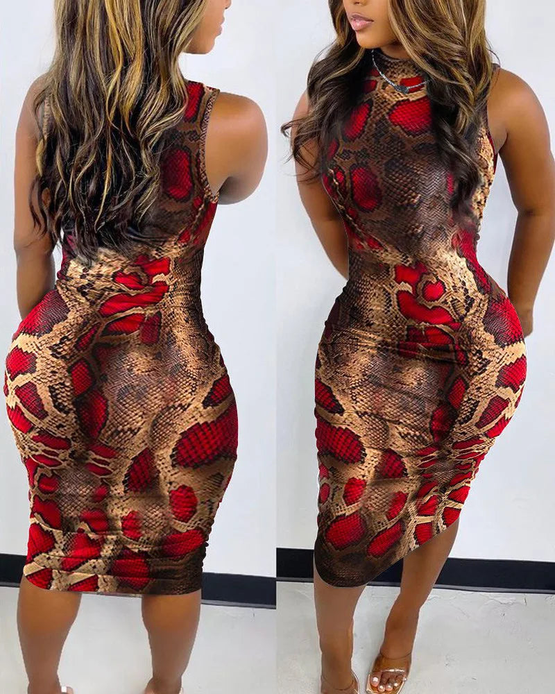 Elegant Women's Round Neck Bodycon Midi Dress Summer Fashion Printed Sleeveless Slim Fit Pullover Nightclub Party Dresses