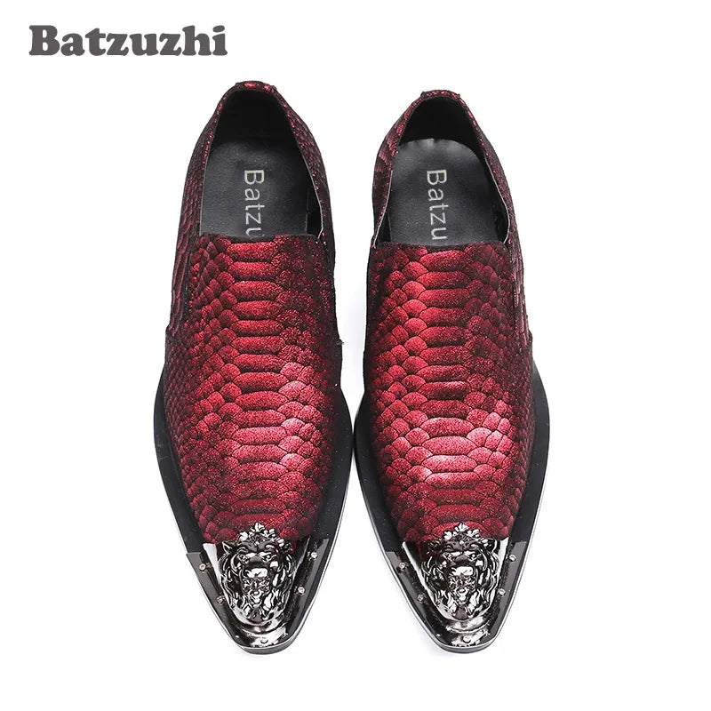 Batzuzhi Italy Brand New Men Leather Shoes Pointed Metal Toe Snakeskin Leather Red Men Wedding Dress Shoes Business and Party!