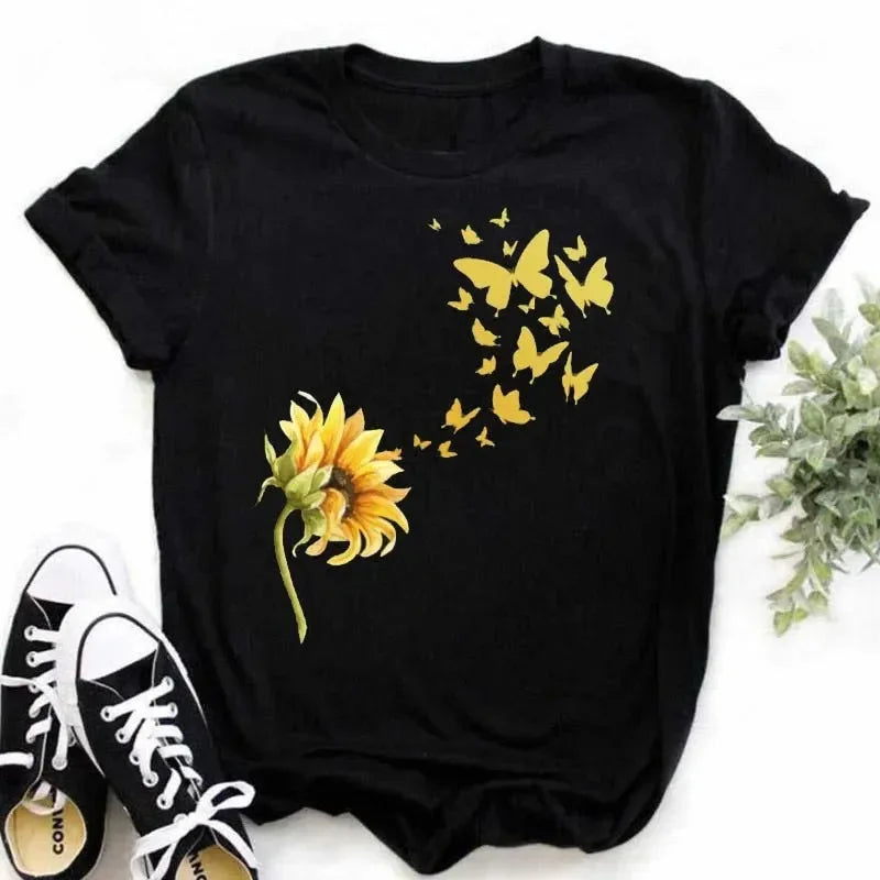 COTTON 100% Casual Cute Sunflower Butterfly Print T-shirt Comfortable Women's Black Top Oversized T Shirt  Graphic Tshirts