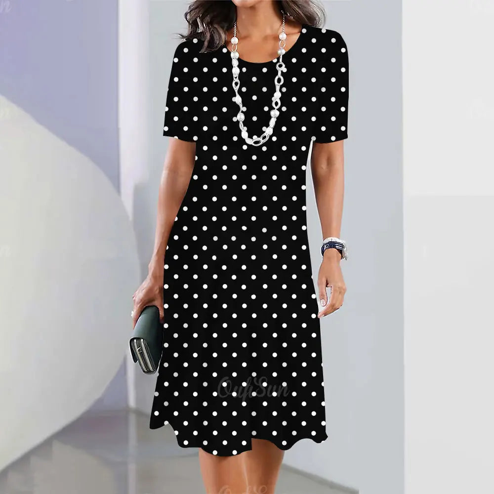 Polka Dot Print Women'S Dress 2024 Elegant Women'S Summer Fashion Stitch O Neck Loose Holiday Women'S Sexy Knee-Length Dress