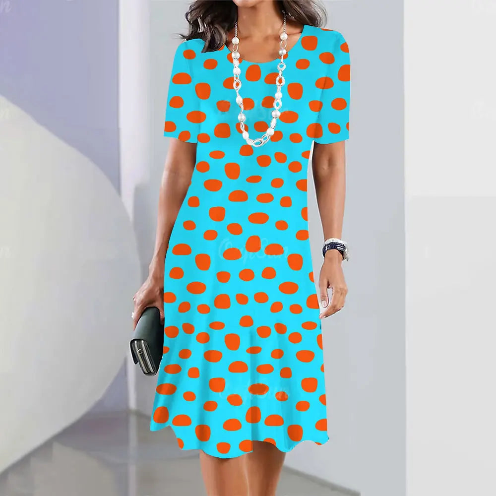 Polka Dot Print Women'S Dress 2024 Elegant Women'S Summer Fashion Stitch O Neck Loose Holiday Women'S Sexy Knee-Length Dress