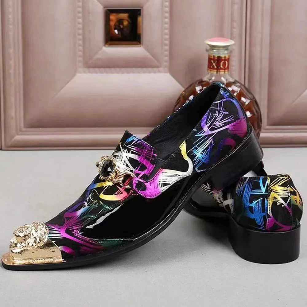 Spring Autumn Pointed end Gold ornaments Shoes and Hats Stamp Cowhide Shoes Rivet Marry Walk Show Nightclub Men's Shoes