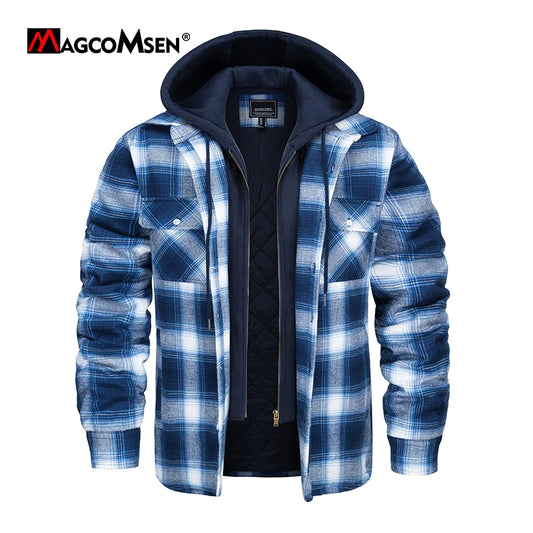 MAGCOMSEN Men's Flannel Shirt Jacket with Removable Hood Plaid Quilted Lined Casual Outerwear Winter Thermal Windbreaker Jackets