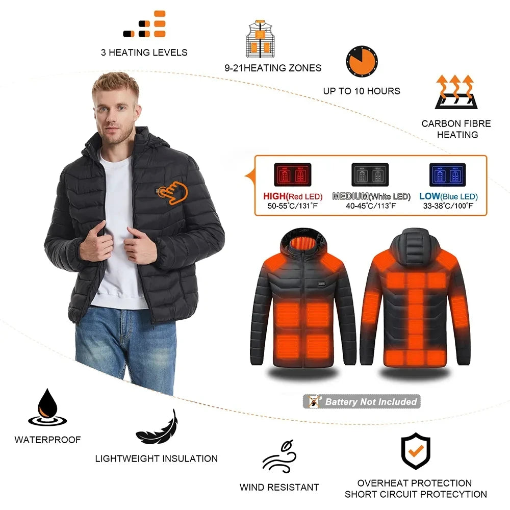 Heated Jacket, USB Intelligent Dual Control Switch 9-19 Zone Heated Jacket, Men's Women's Warm Cotton Jacket with Removable Hood