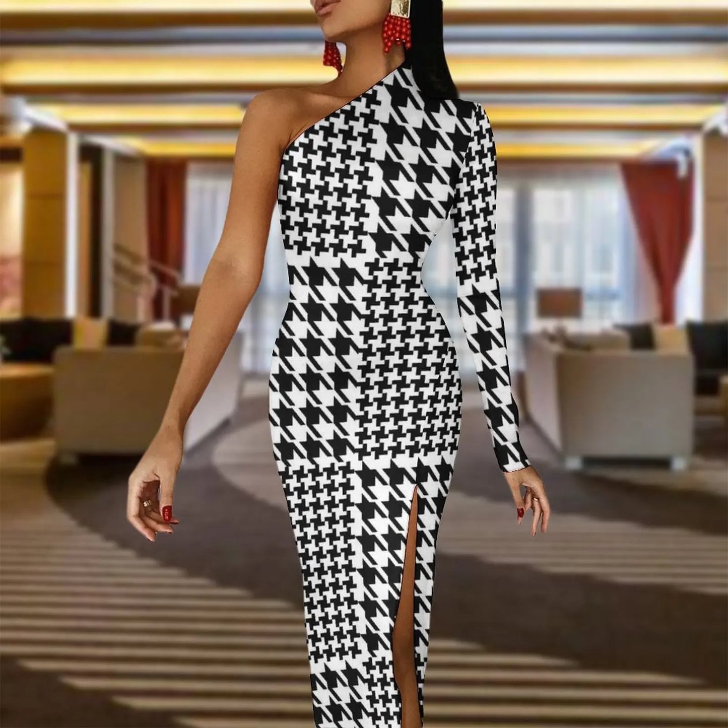 Vintage Houndstooth Bodycon Dress Woman Patchwork Print Club Maxi Dress One Shoulder Street Wear Graphic Dresses Birthday Gift