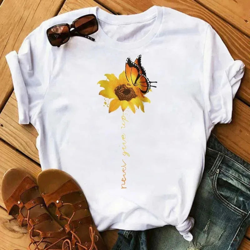 COTTON 100% Casual Cute Sunflower Butterfly Print T-shirt Comfortable Women's Black Top Oversized T Shirt  Graphic Tshirts