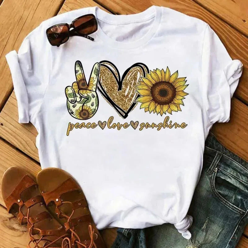 COTTON 100% Casual Cute Sunflower Butterfly Print T-shirt Comfortable Women's Black Top Oversized T Shirt  Graphic Tshirts