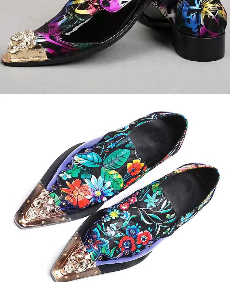 Spring Autumn Pointed end Gold ornaments Shoes and Hats Stamp Cowhide Shoes Rivet Marry Walk Show Nightclub Men's Shoes