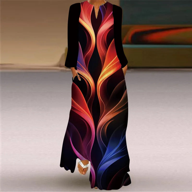 2024 autumn New Women's maxi dress V-neck Long Sleeve Pocket Printed Loose Dress Fashion Chinese Red Pullover Long dresses