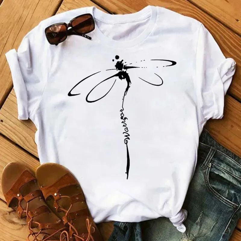 COTTON 100% Casual Cute Sunflower Butterfly Print T-shirt Comfortable Women's Black Top Oversized T Shirt  Graphic Tshirts