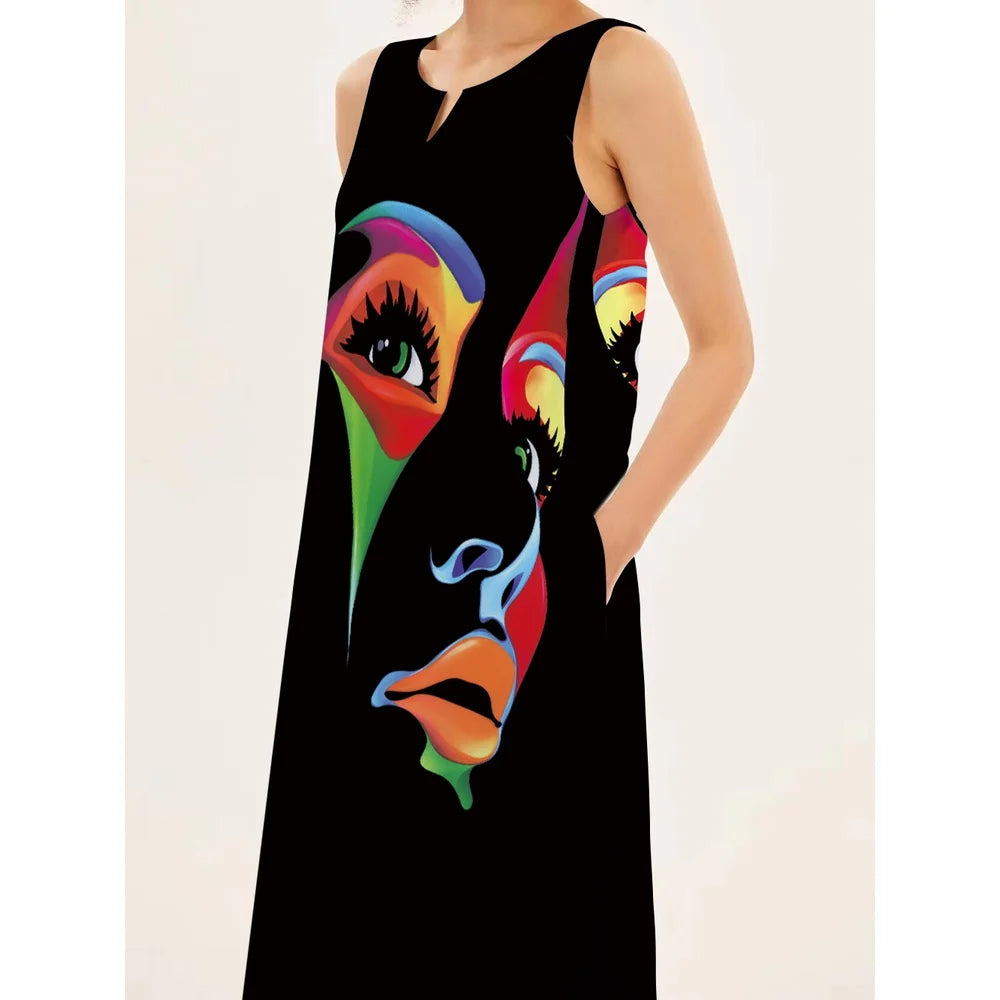 Mask printing Dress Sexy Sleeveless Dress  V-Neck  Casual  Clothing Women