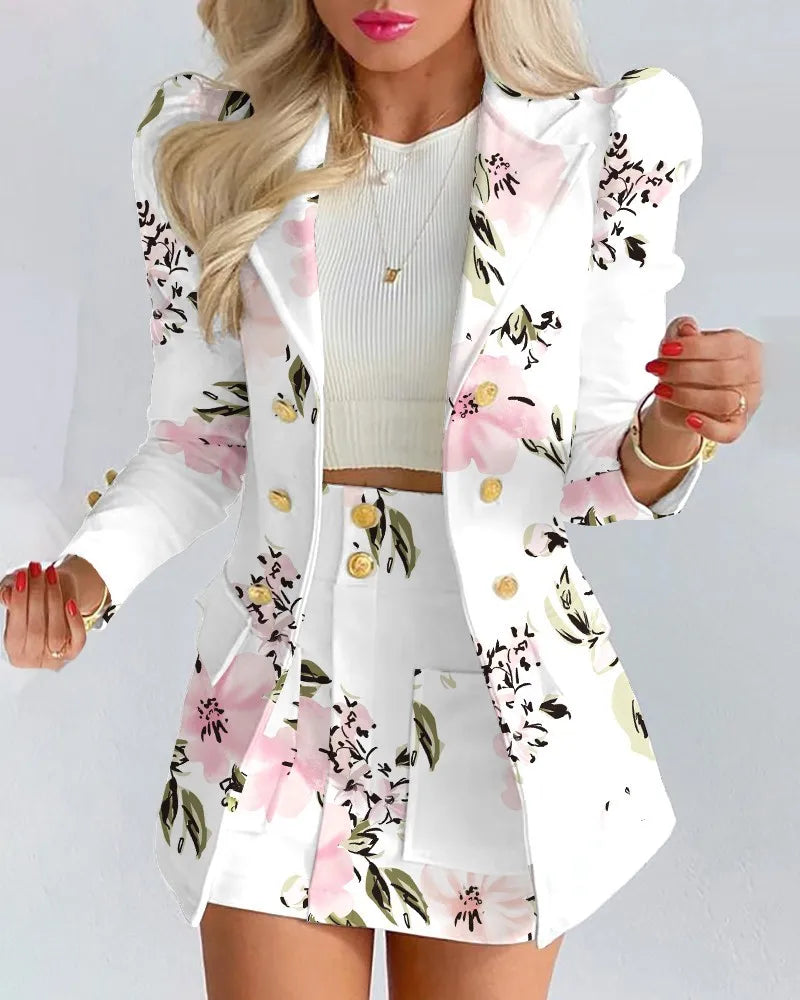 Long Sleeve Suit Jacket Dress Set Spring Fashion Elegant Solid Turn Down Collar Coat Buns Two Piece Sets For Women Outfit 2023