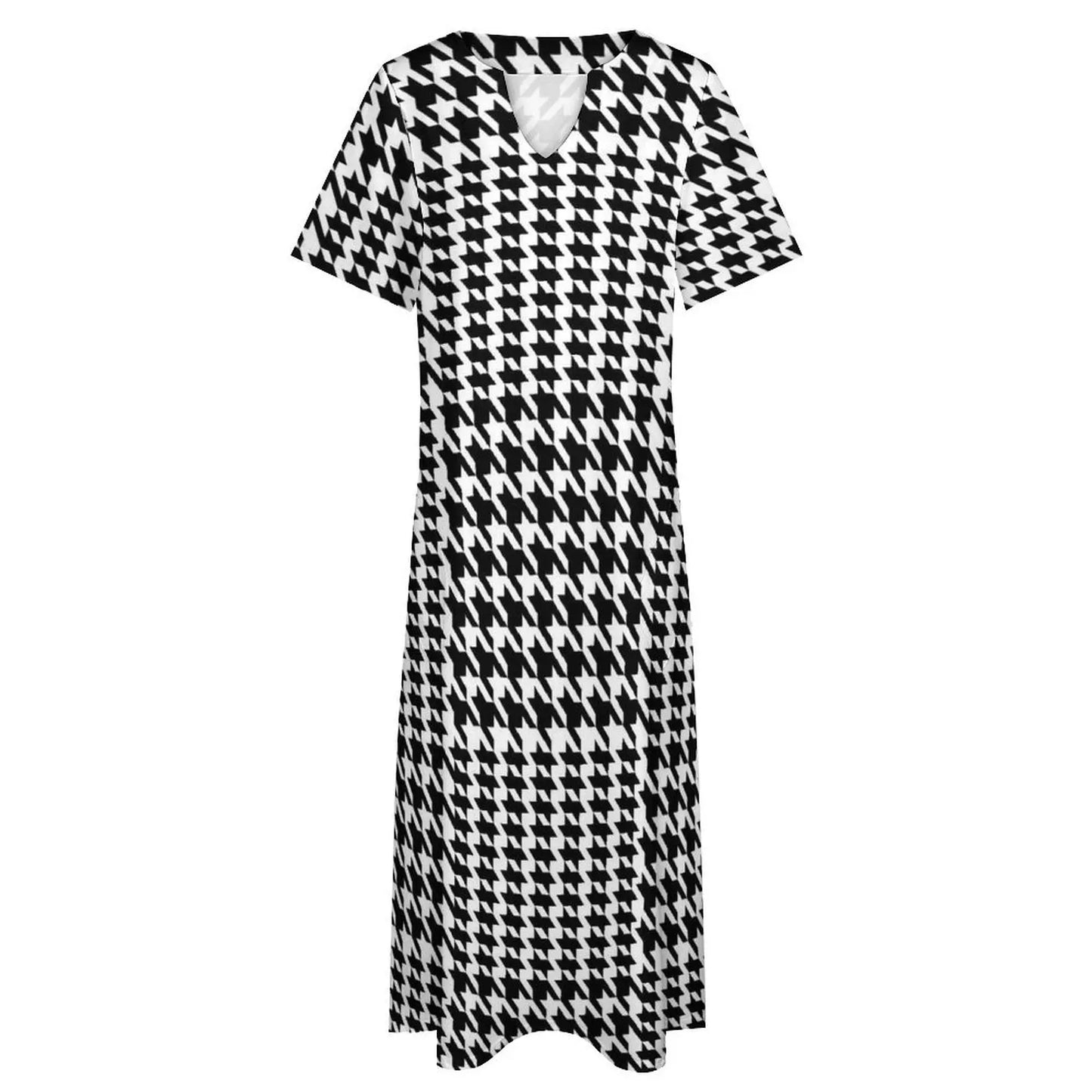 Retro Houndstooth Dress Spring Black White Check Streetwear Boho Beach Long Dresses Ladies Cute Maxi Dress Gift