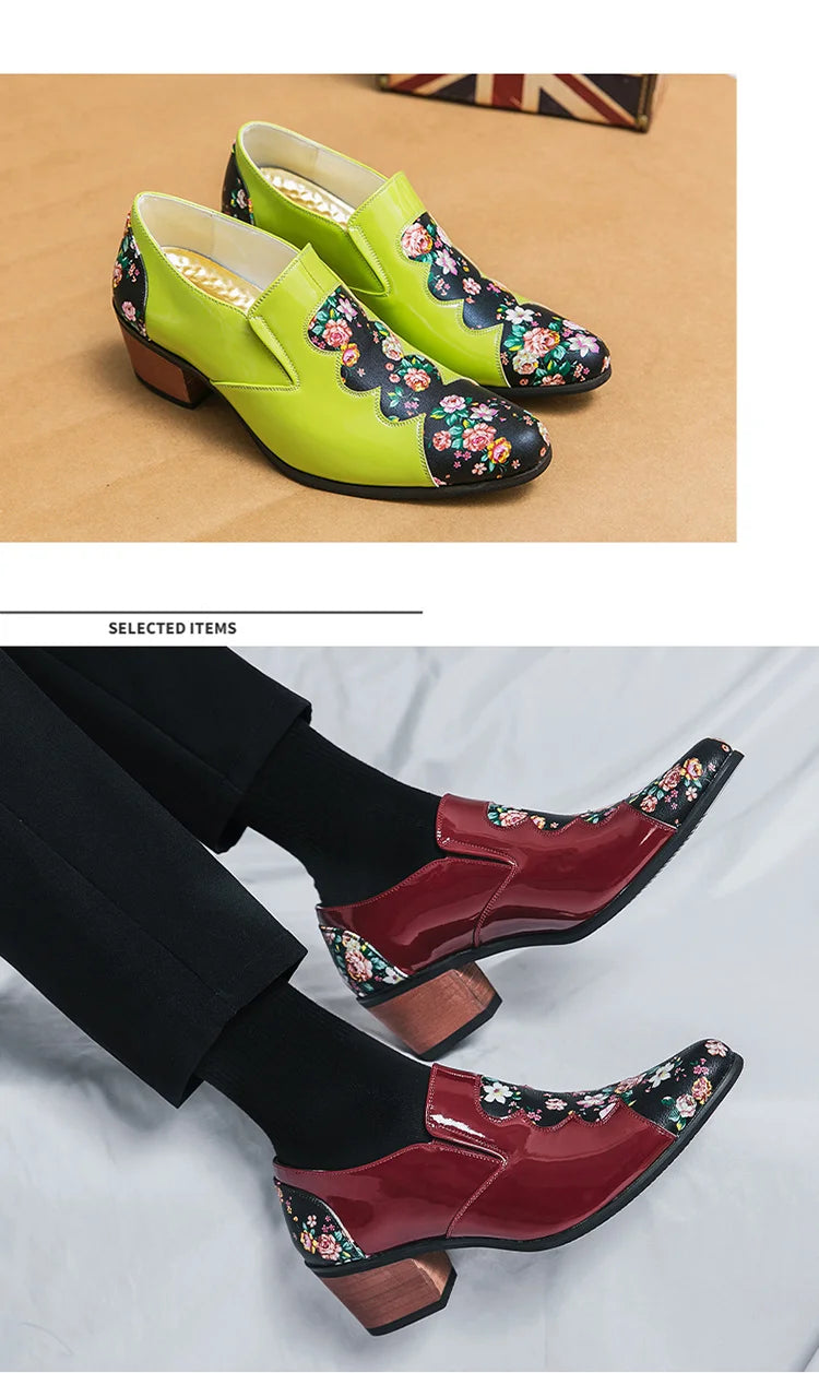 Classic Fashion Printed Men's High Heel Shoe Big Size 46 Pointed Leather Shoes Men Slip-on Wedding Shoes for Men zapatos hombre