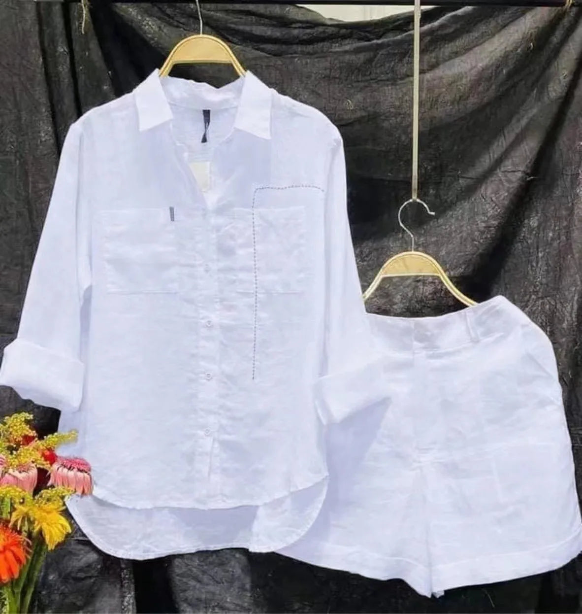 Fashion White Long Sleeve Shirt And Shorts Two Piece Sets Women 2024 Summer Cotton Linen Casual Home 2 Piece Set For Women Suits