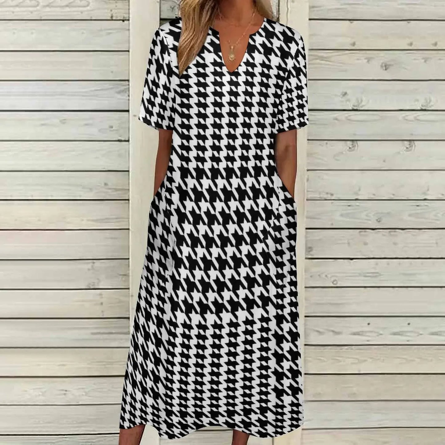 Retro Houndstooth Dress Spring Black White Check Streetwear Boho Beach Long Dresses Ladies Cute Maxi Dress Gift