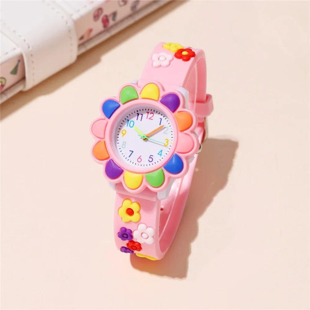 New Colorful Flower Cartoon Watches for Kids Cute Sweet Pink Silicone Strap Quartz Children Wristwatch Girls Watch Gifts