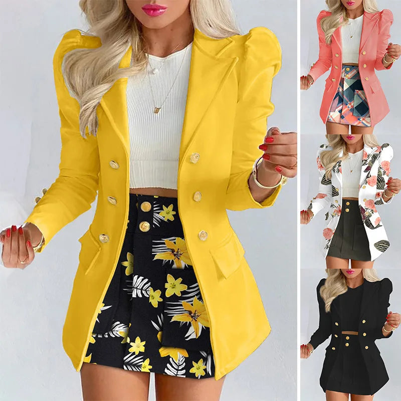 Long Sleeve Suit Jacket Dress Set Spring Fashion Elegant Solid Turn Down Collar Coat Buns Two Piece Sets For Women Outfit 2023