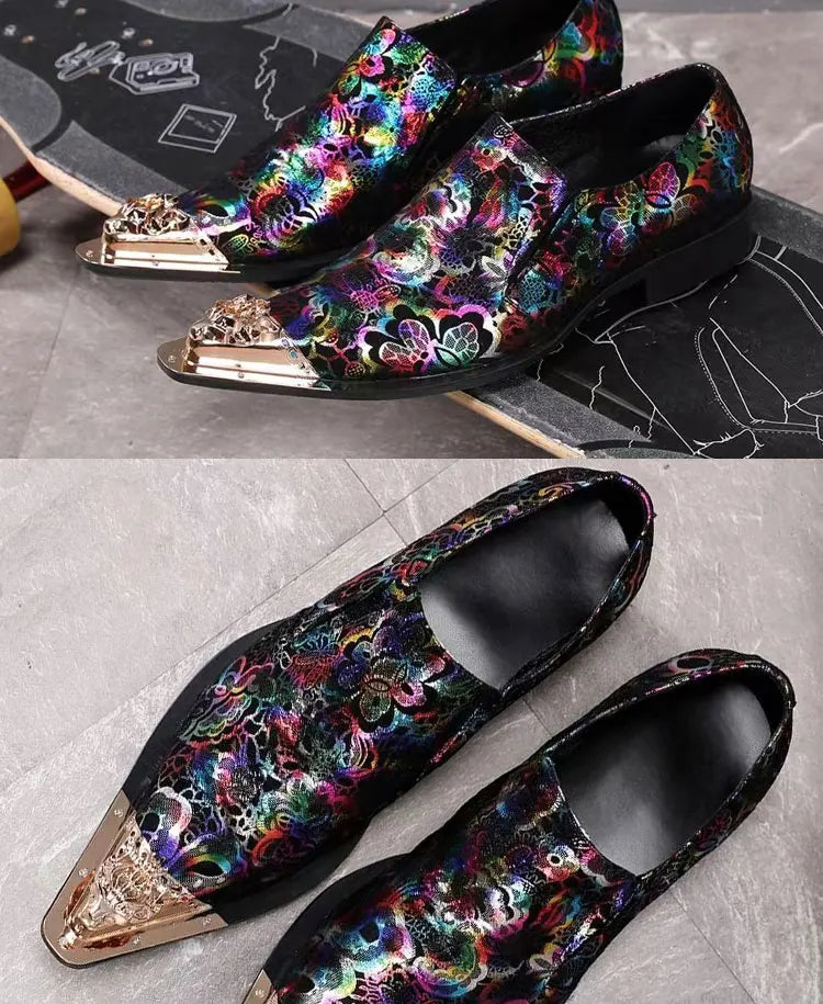 Spring Autumn Pointed end Gold ornaments Shoes and Hats Stamp Cowhide Shoes Rivet Marry Walk Show Nightclub Men's Shoes