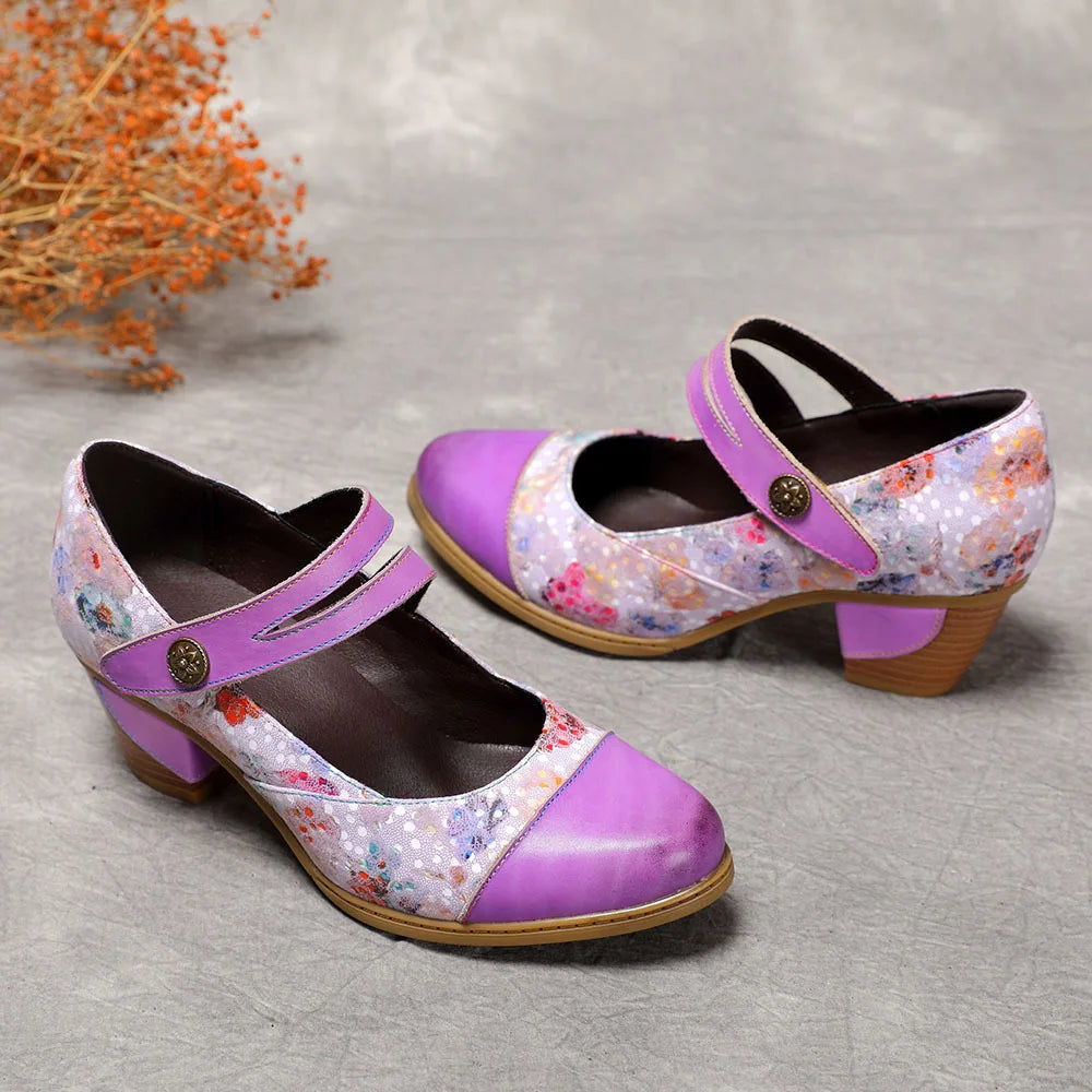 Johnature Genuine Leather Patchwork Printed High Heels 2024 Autum New Vintage Round Toe Pumps Versatile Women's Shoes