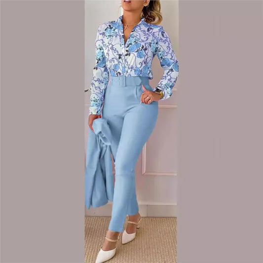 Casual Long Sleeve Shirt Pants Set Office Lady Fashion Elegant V Neck Floral Print Trousers Two Piece Set Women Outfit 2024