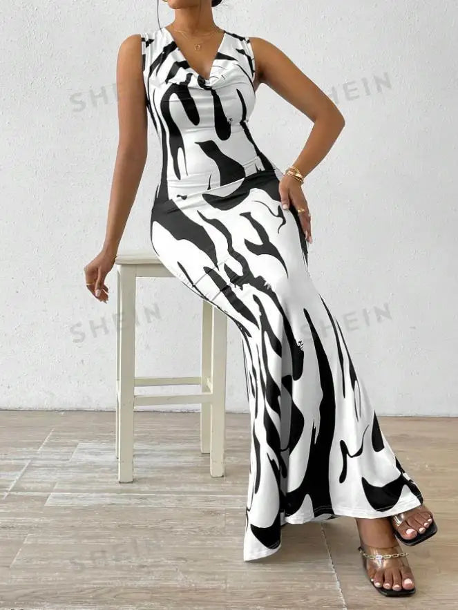 Sexy Bodycon Package hip Party Women's Long Dresses Summer Print Sleeveless Pile Collar Slim Skinny Party Maxi Dress For Women