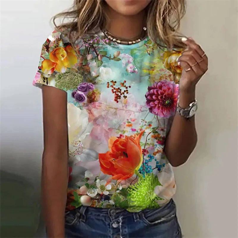 Women's T-Shirts Summer Fashion 3d Flowers Print Short Sleeve Top Female Clothing Oversized Tees Harajuku Graphic T Shirts