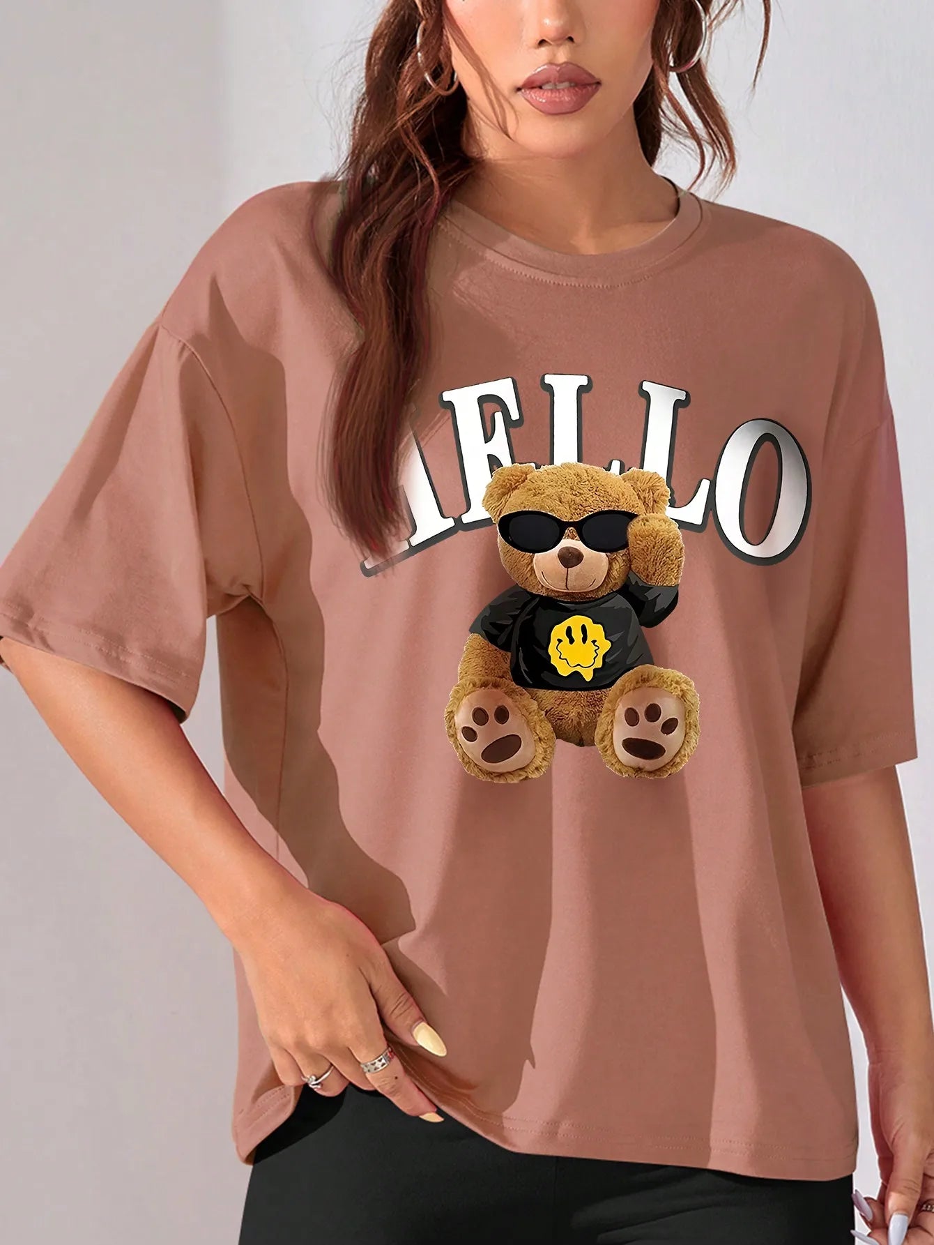 Summer women's fashion versatile casual drop shoulder short-sleeved T-shirt with cute letters and bear print loose top 2024 New