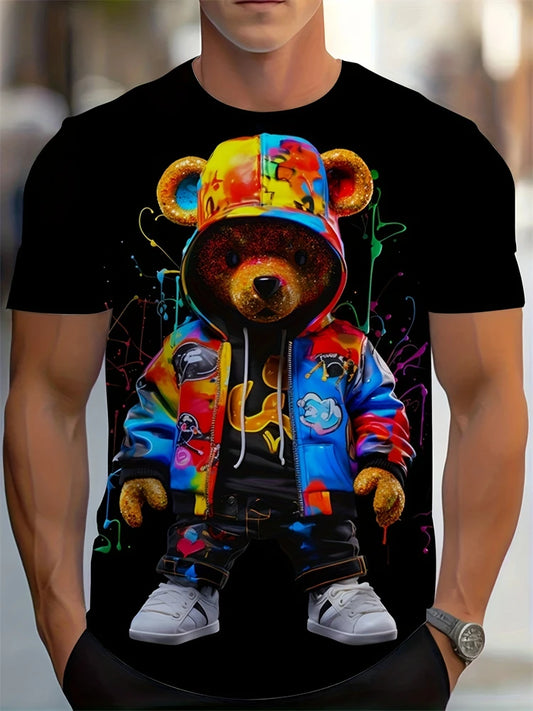 Hip-hop Style Cartoon Bear Print Men's T-shirt Summer Casual Everyday Top Urban Street Fashion Men's Oversized Short Sleeve Tees