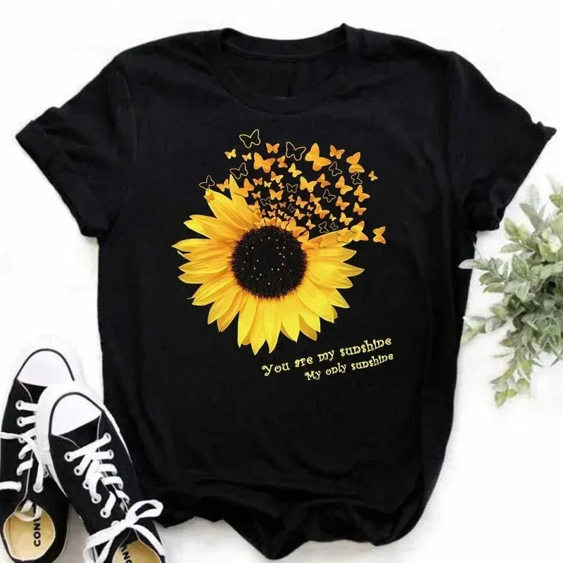 COTTON 100% Casual Cute Sunflower Butterfly Print T-shirt Comfortable Women's Black Top Oversized T Shirt  Graphic Tshirts