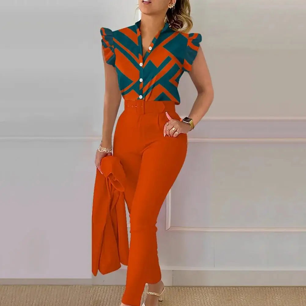 Women Shirt Trousers Set Elegant Women's Office Wear Set with V Neck Top High Waist Pants Belt Chic Color Matching Slim for Work